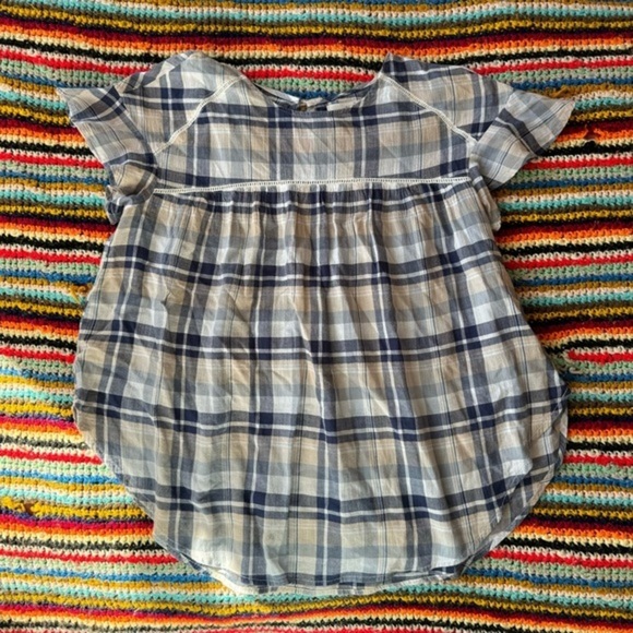 Birds of Paradis Flutter Sleeve Plaid Blue Tan Top XS - Picture 1 of 2